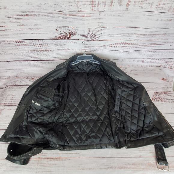 BLK DNM Black Leather Moto Biker Jacket Women's M Zip Bomber Coat Buckle Belted - Picture 11 of 16